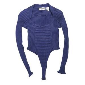 Vintage 90s Wayne Rogers Deep Blue Rib Knit Sweater Bodysuit M